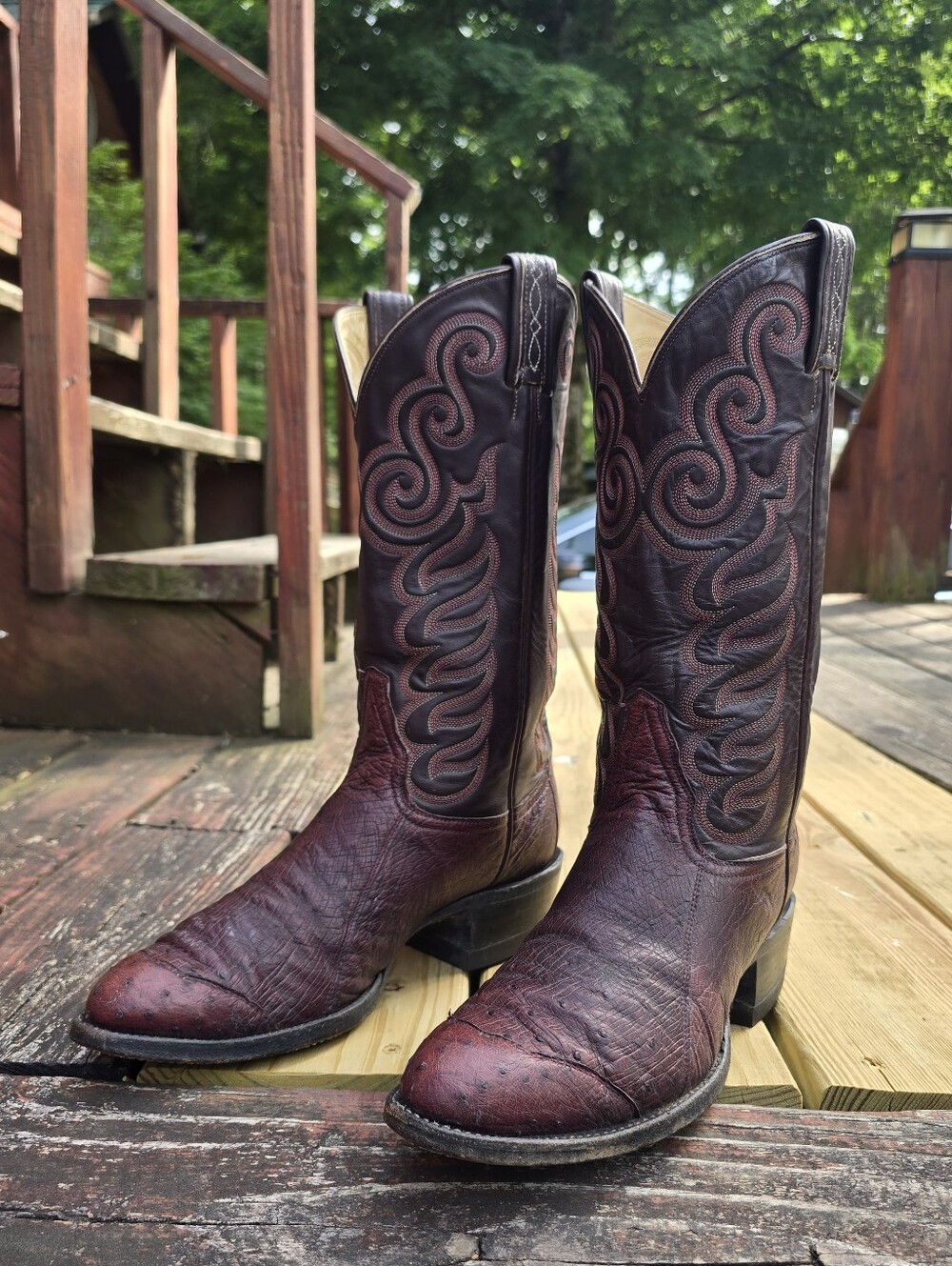 Tony Lama, Vtg, Rare, Ostrich, Burgundy Leather Western Cowboy Boots, Sz 9